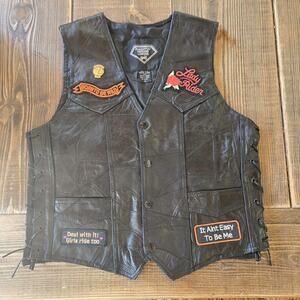 Diamond Plate Leather Vest Womens Small Black Motorcycle Biker Lace Up Patches